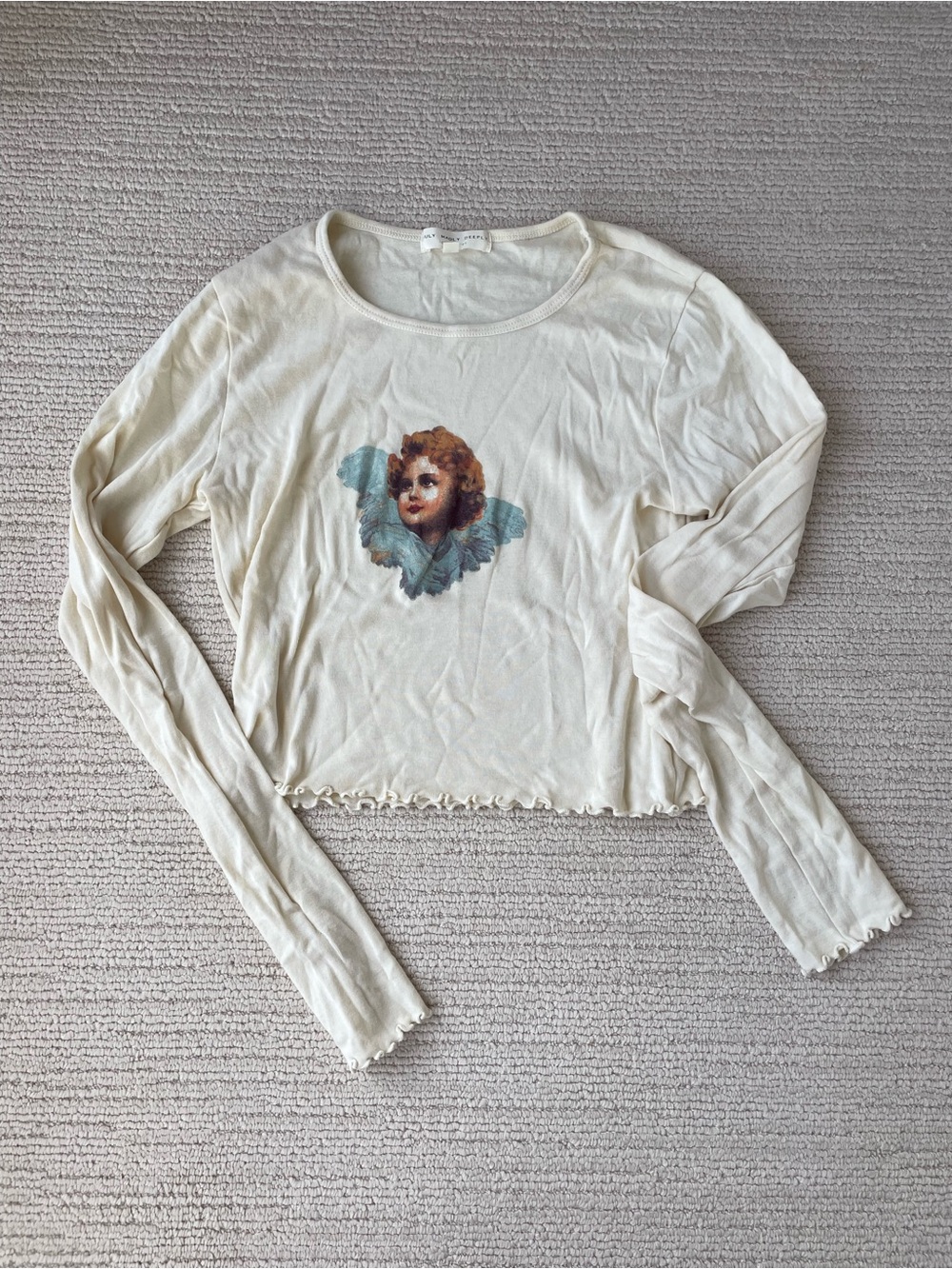 Truly Madly Deeply Cream Long-Sleeve Crop Top with Cherub Graphic